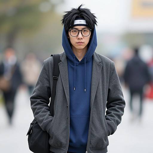Photograph of an Asian man with black spiky hair, glasses, blue hoodie, gray jacket, and white headband, standing in a blurred urban