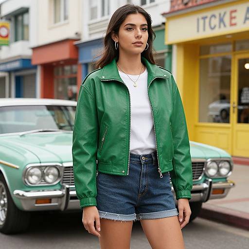 Photograph of a young woman with long dark hair, green leather jacket, white top, and denim shorts, standing in front of a mint-green classic