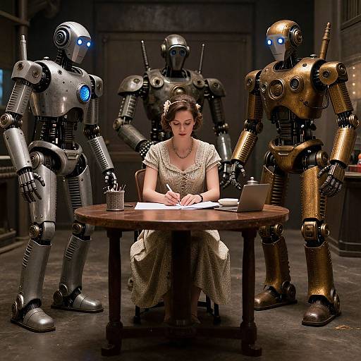 Photograph-like CGI: Woman in vintage dress sits at wooden table, three glowing-eyed robots stand around her in dim, industrial room.