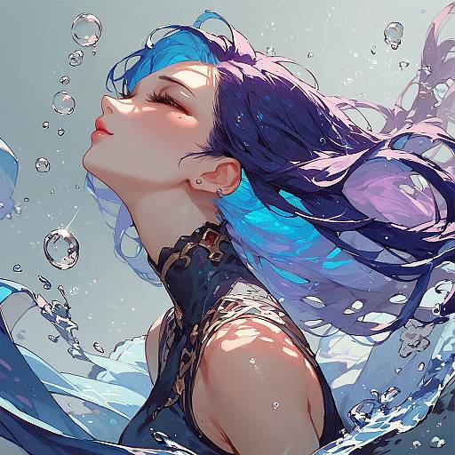 Digital anime-style portrait of a blue-haired woman with closed eyes, underwater, surrounded by bubbles, wearing a black choker with gold chains.
