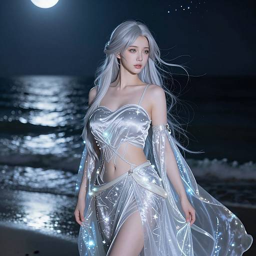 Digital artwork of a silver-haired woman in a glowing, star-patterned, transparent outfit under a moonlit sea, with waves in the background.