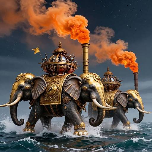 Mechanical Elephants in Stormy Ocean