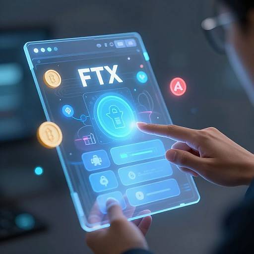 Photograph of hands interacting with a glowing blue touchscreen displaying 