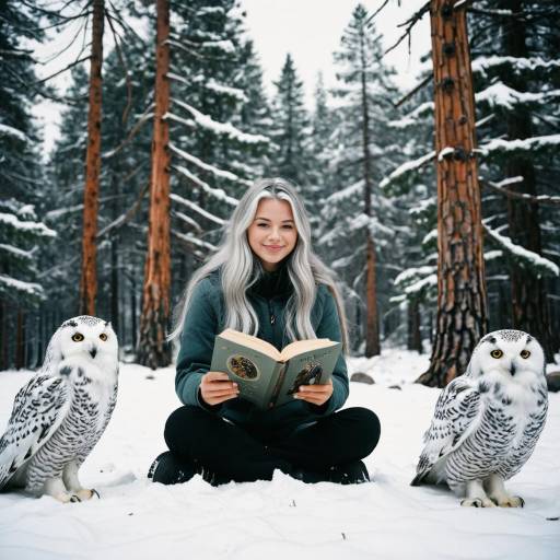Teenage Girl Reading to Snowy Owls in Winter Forest