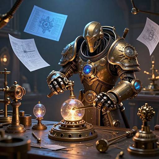 Photorealistic CGI of a golden robotic scientist with blue glowing eyes, tinkering with glowing light bulbs on a cluttered workshop table. Blueprints float