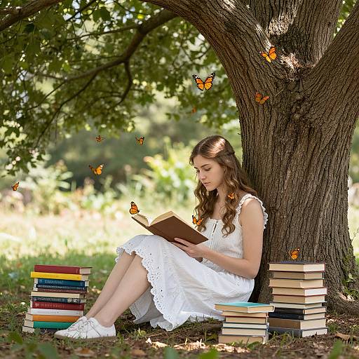 Photograph of a fair-skinned woman with long brown hair, wearing a white lace dress, sitting under a tree reading a book, surrounded by stacked