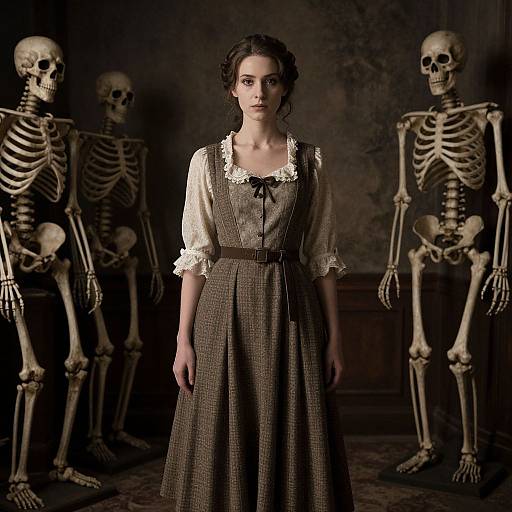 Photograph of a young woman in a brown checkered dress and white blouse, standing center in a dark room with four skeletal figures behind her. Gothic