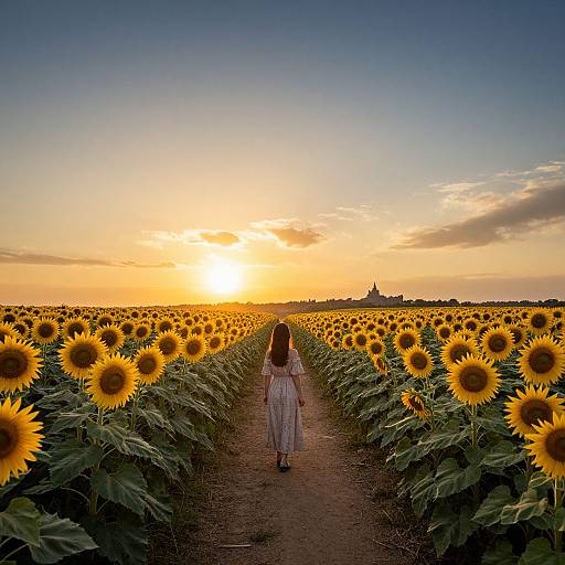 Woman on Sunflower Path at Sunset