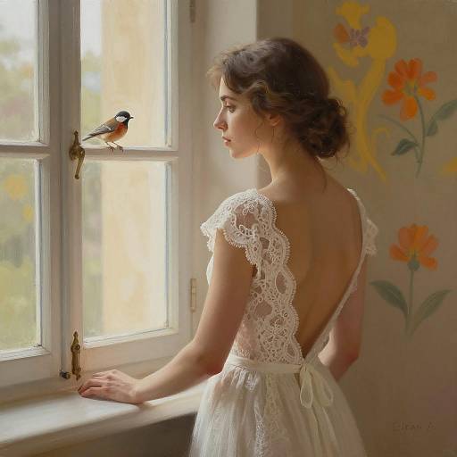 Woman in White Lace Dress with Bird by Window
