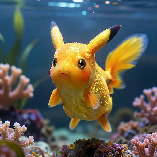 Photograph of a Pokémon-inspired, orange, glittery fish with black-tipped ears and tail, swimming in a vibrant underwater coral reef.