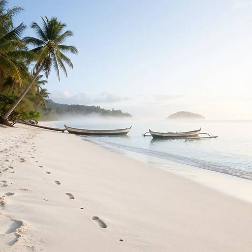 Photograph of a serene tropical beach with two small wooden boats on calm water, palm trees on the left, and bright sunlight reflecting on the water.
