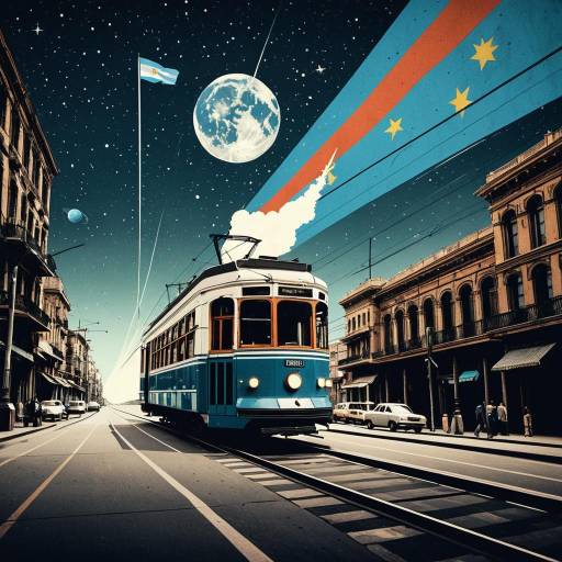 Retro Streetcar Launching into Space with Argentina Flag