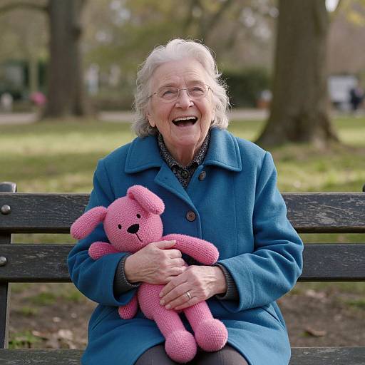 Photograph of an elderly woman with white hair, glasses, and blue coat, smiling while holding a pink stuffed teddy bear on a park bench.