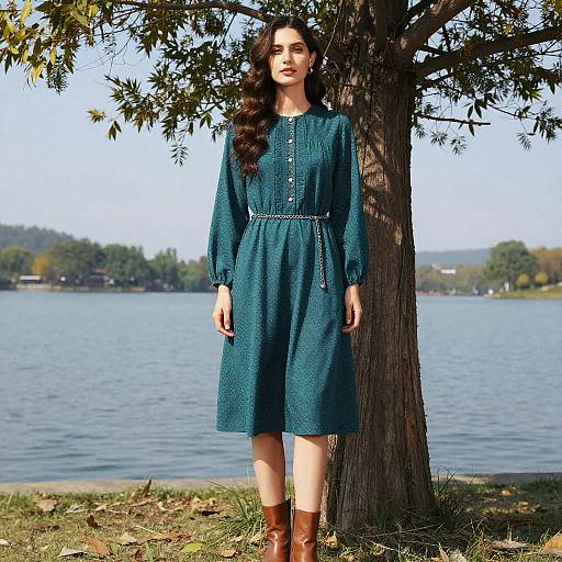 Photograph of a woman with long brown hair, wearing a teal, long-sleeved, belted dress and brown knee-high boots, standing by