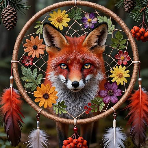 Photograph of a vivid red fox with piercing yellow eyes centered in a dreamcatcher adorned with colorful flowers, pinecones, and feathers.