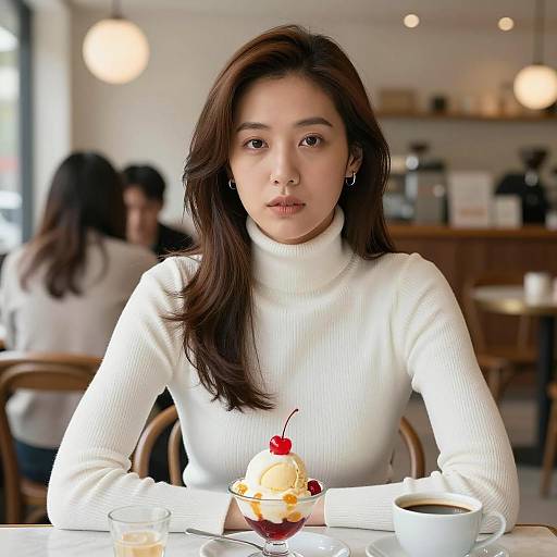 Café Scene with Asian Woman and Dessert