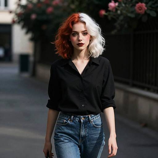 Portrait of Woman with Half Red Half White Hair on City Street
