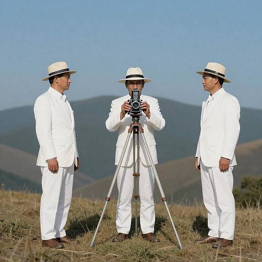 Vintage Camera Trio on Mountain Hill