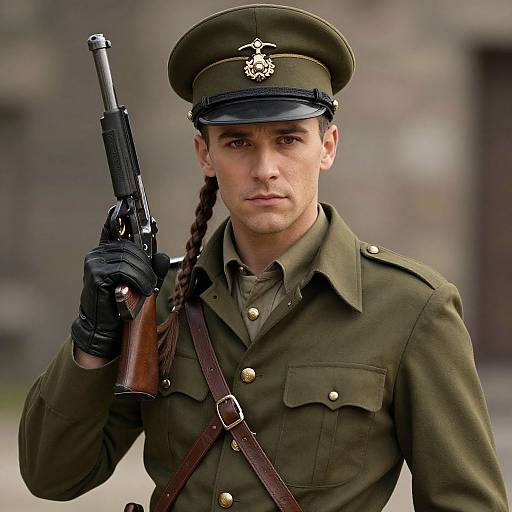 Photograph of a serious, young Caucasian man in a World War II-era military uniform, holding a rifle, with a braided ponytail and olive