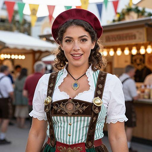 Photograph of a smiling woman in traditional Bavarian attire with a maroon hat, green and white striped bodice, and brown leather apron,