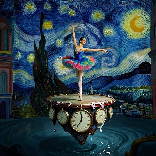 Digital artwork of a ballerina in a colorful tutu, dancing on a clock platform under a starry, Van Gogh-inspired night sky.