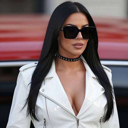 Photograph of a woman with long black hair, wearing large black sunglasses, a white leather jacket, and a black studded choker, standing in