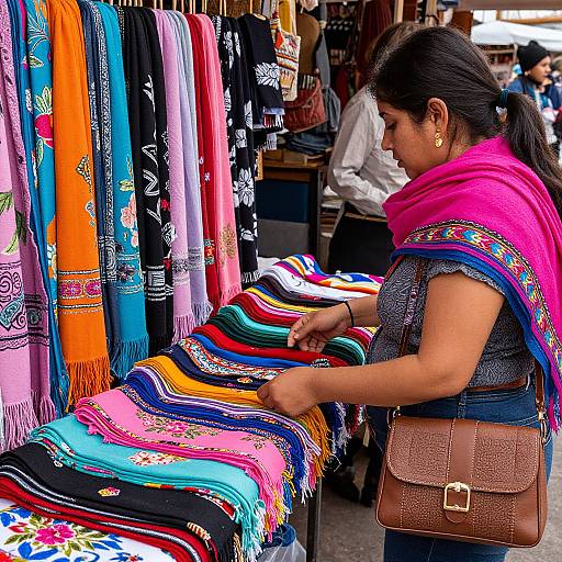Indian woman with pink shawl and brown purse, examining colorful, patterned scarves at bustling outdoor market stall. Vibrant, multicultural textiles. Photograph