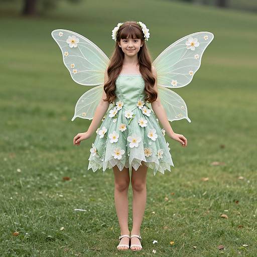 Photograph of a young girl with long brown hair, wearing a light green flower dress, white fairy wings, and flower headband, standing on a