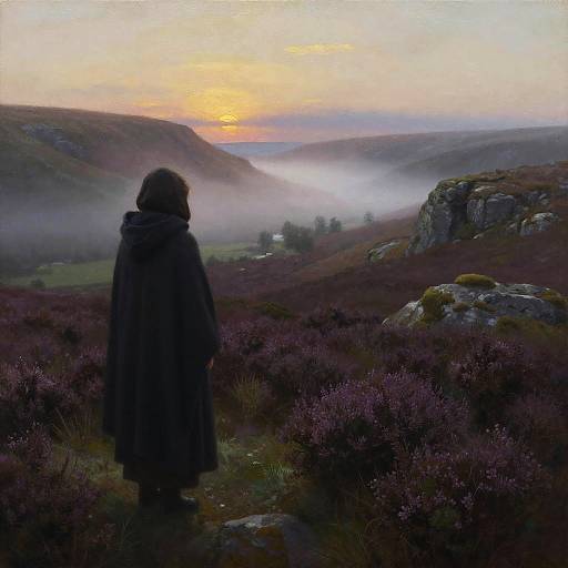 Mysterious Cloaked Figure in Misty Highlands