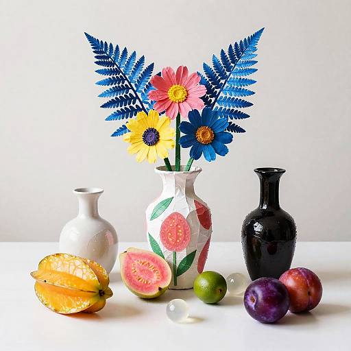 Photograph of colorful flowers in a patterned vase, flanked by three vases and fruit, including papayas, watermelon slices, and pl