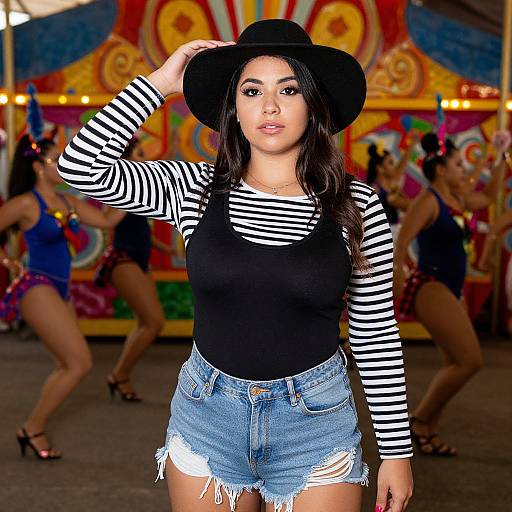 Photograph of a Latina woman with long black hair, wearing a black hat, striped long-sleeve top, and frayed denim shorts, standing