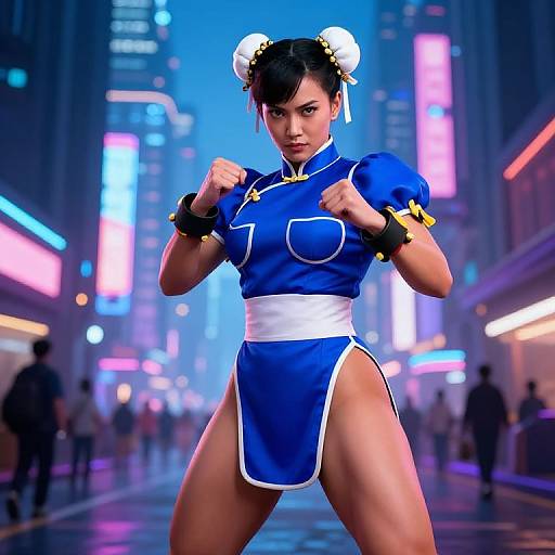 CGI image of Chun-Li in blue qipao, double buns, and white belt, fighting stance in neon-lit, futuristic city