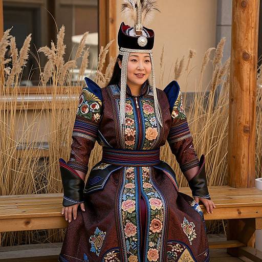 Photograph of a smiling Asian woman in traditional Mongolian attire, adorned with intricate floral embroidery and silver headdress, seated on wooden bench with tall grass