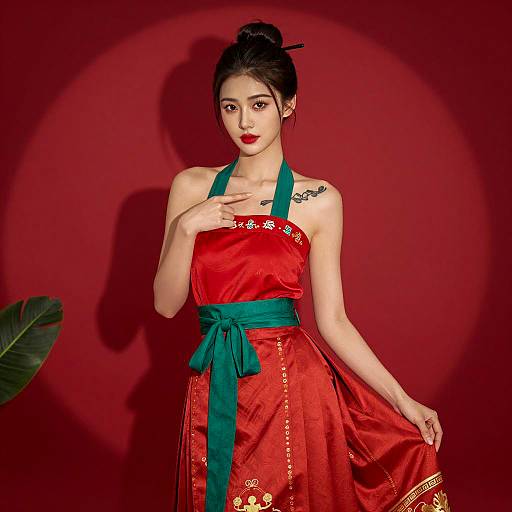 Elegant Asian Woman in Vibrant Red