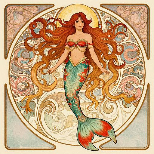 Digital illustration of a mermaid with long, flowing orange hair, green and red scaled tail, and red bikini top, set against an ornate,