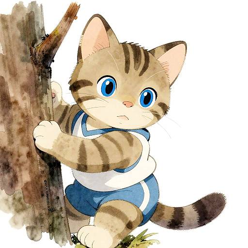 Ghibli-Style Tabby Kitten Climbing Tree