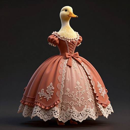 Photorealistic CGI of a duck wearing a Victorian-style, pink, lace-trimmed, full-skirted dress with puffed sleeves and a