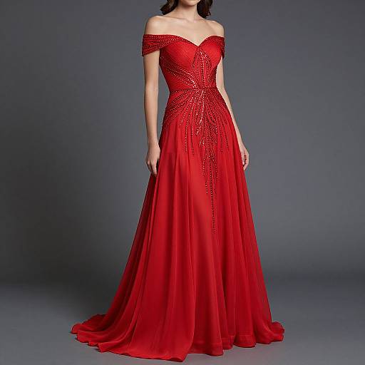 Photograph of a woman in an off-shoulder, floor-length red evening gown with intricate beadwork, standing against a plain gray background.