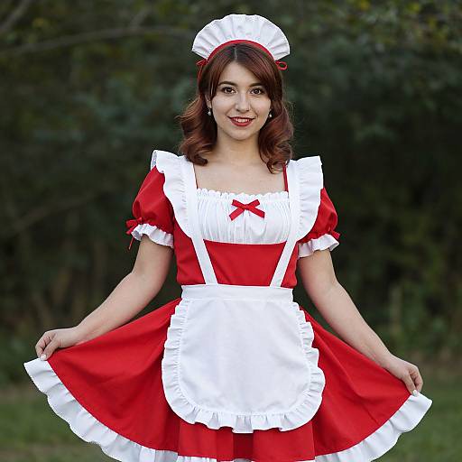 Photograph of a smiling Asian woman in a red and white French maid outfit with puffed sleeves, white apron, and headpiece, standing outdoors