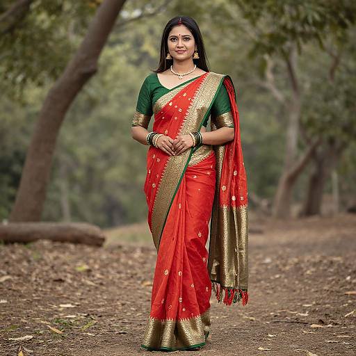 Photograph of a confident Indian woman in a vibrant red and gold saree with green blouse, standing on a forest path.