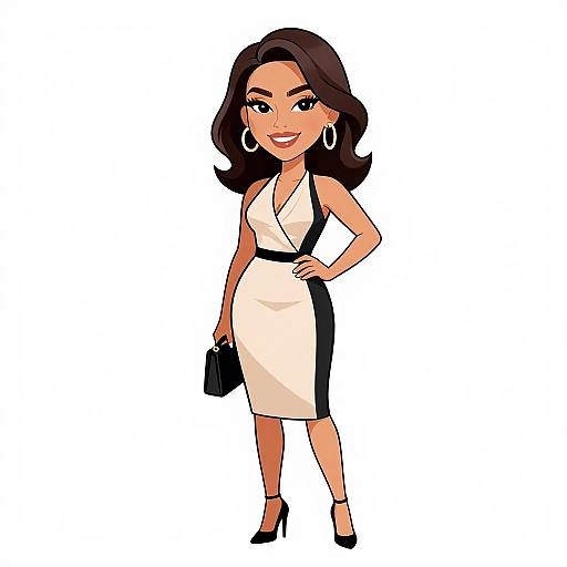Cartoon-style illustration of a confident woman with dark brown hair, wearing a cream and black knee-length dress, black heels, and holding a black purse