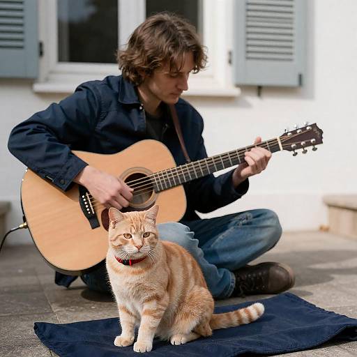 Man Playing Guitar with Curious Cat