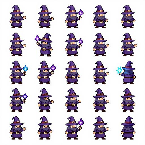 Pixel art of 36 identical purple wizard characters in rows, each wielding a different colored magical effect: purple, blue, and white.