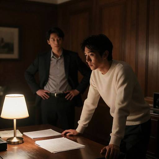 Warmly Lit Wooden Room with Two Men