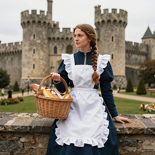 Medieval Maid Holding Basket of Bread Outdoors