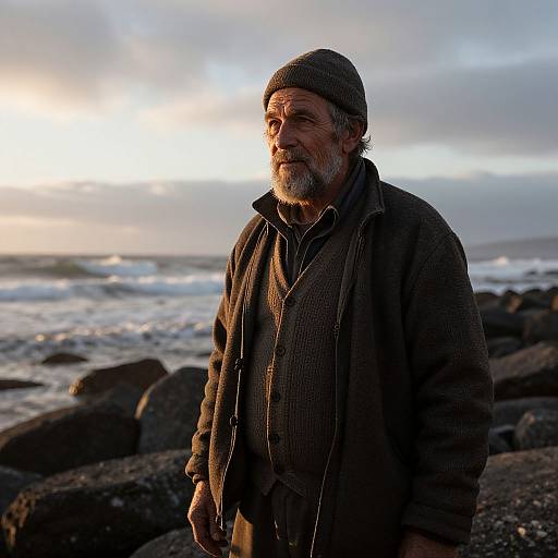 Realistic Weathered Fisherman at Dawn