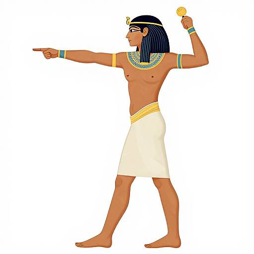Digital illustration of a muscular, tan-skinned ancient Egyptian pharaoh with black hair, blue stripes, white kilt, gold armlets, and necklace