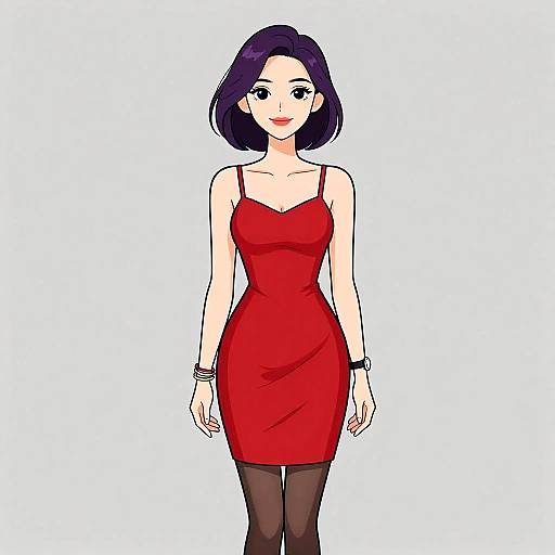 Digital anime-style drawing of a slender woman with short, dark purple hair, wearing a red, form-fitting dress, black stockings, and bracelets,