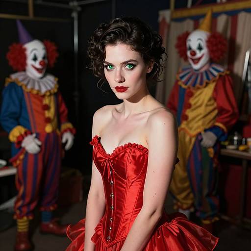Photograph of a pale woman with green eyes and red lipstick, wearing a red corset and skirt, standing in a dimly lit circus tent with