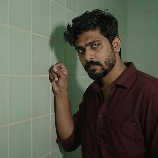 Serious Man Against Green Tiled Wall